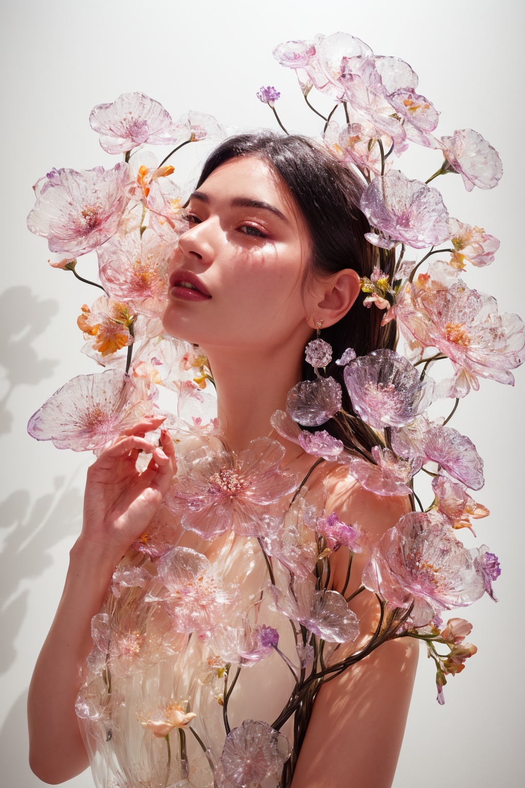 a side portrait of an attractive woman surrounded by flowers made of glass,  wearing a elegnat dress made of transparent g...