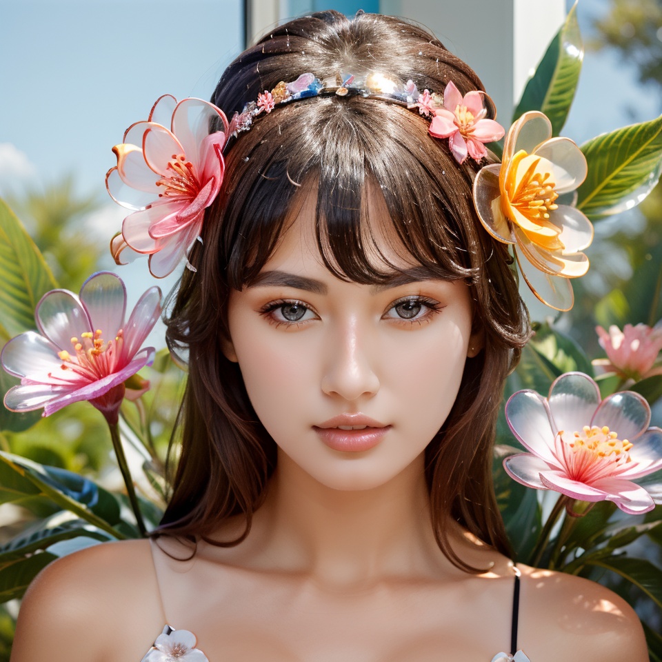 an attractive woman wearing a flower hair accessories made of glass,  glass flower,  transparent flower on Tensor.Art