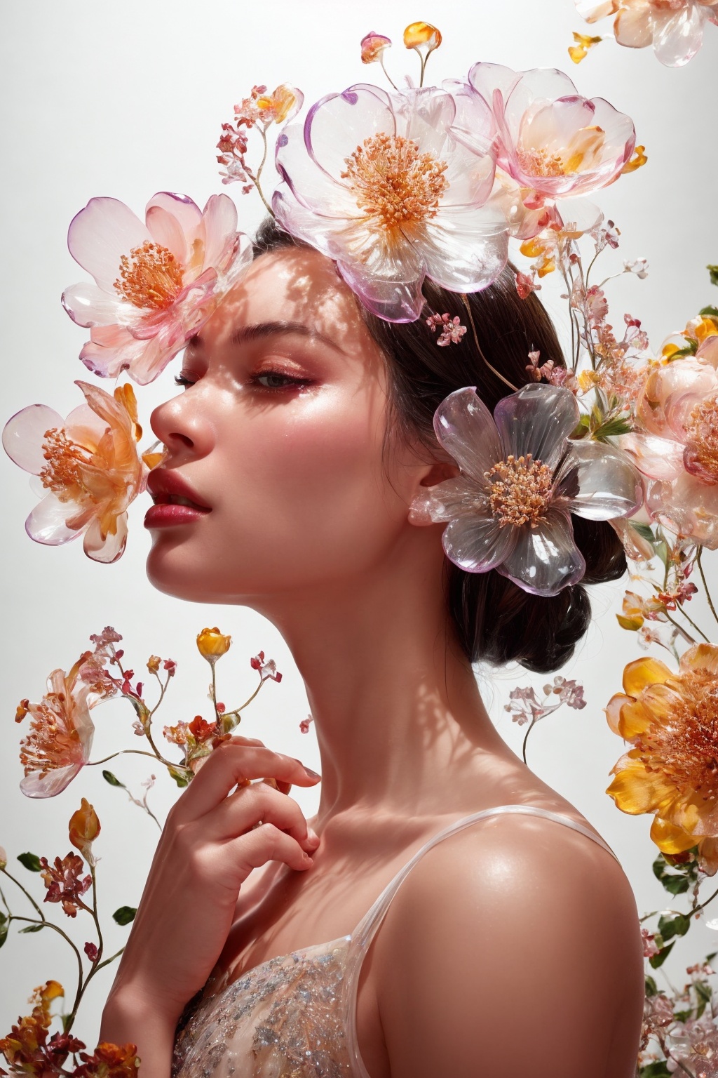 a side portrait of an attractive woman surrounded by flowers made of glass,  wearing a elegnat dress made of transparent g...