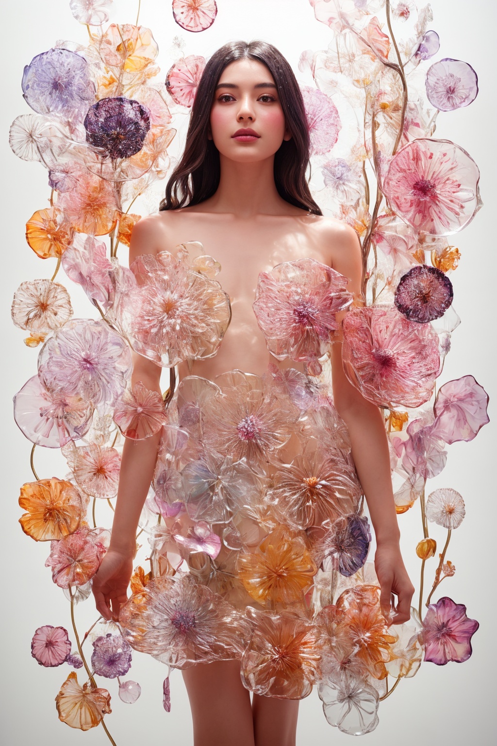 an attractive woman surrounded by flowers made of glass,  wearing a elegnat dress made of transparent glass flowers,  tran...