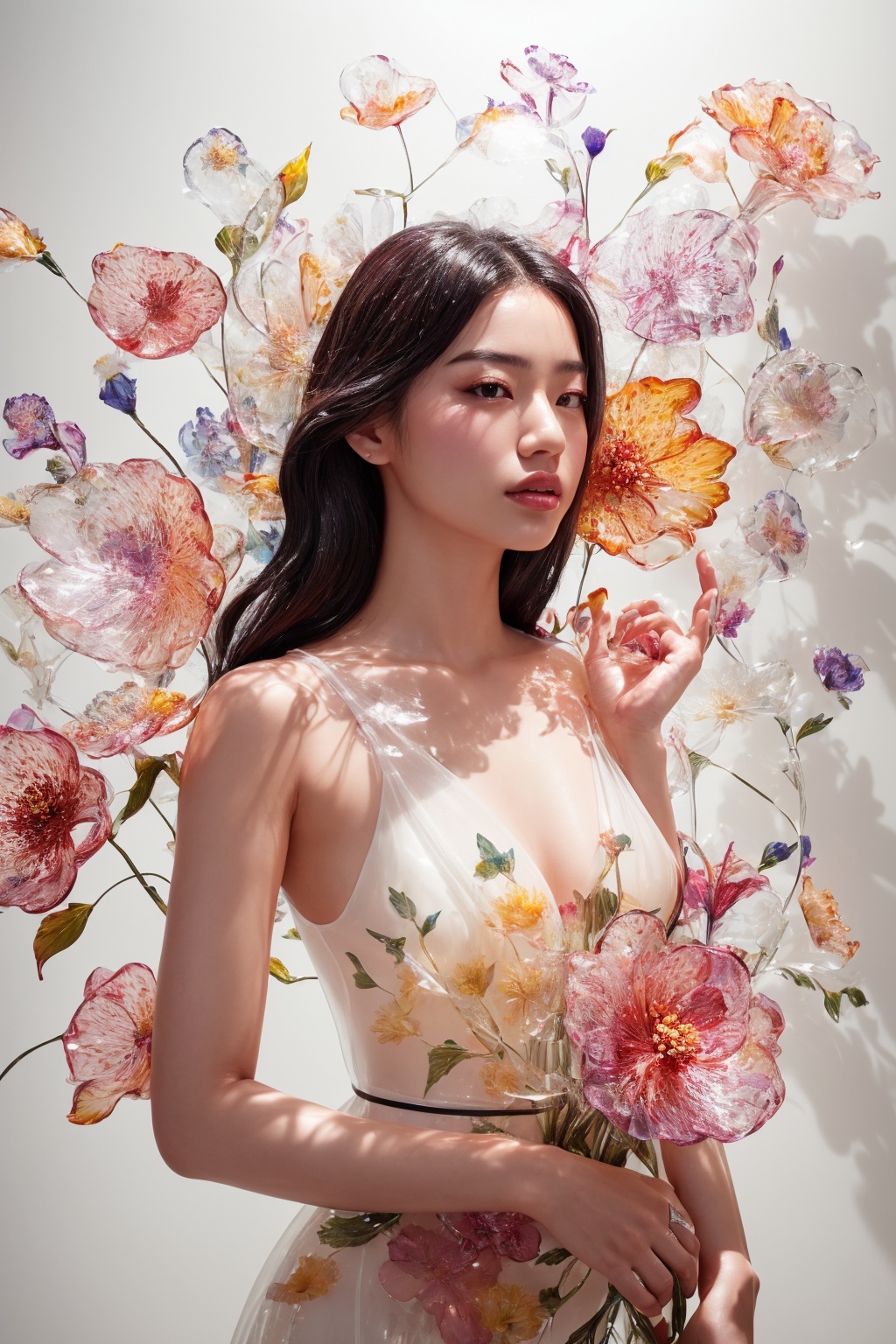 a side portrait of an attractive korean woman laying on a bed of flowers made of glass,  wearing a elegant floral dress ma...