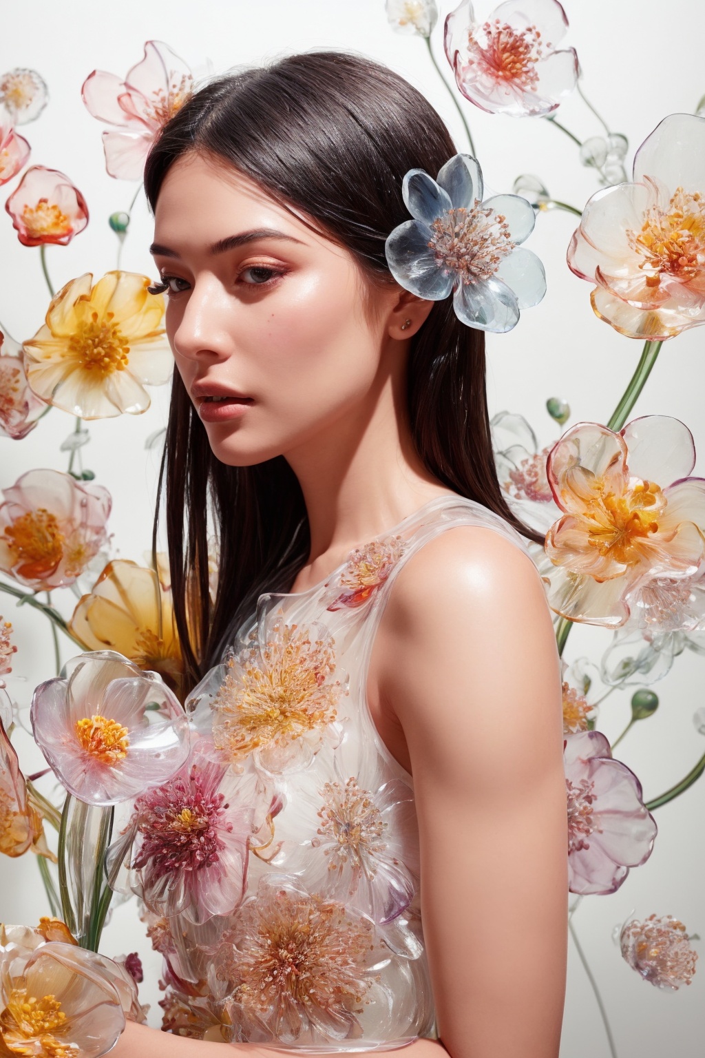 a side portrait of an attractive woman surrounded by flowers made of glass,  wearing a elegant floral dress made of transp...