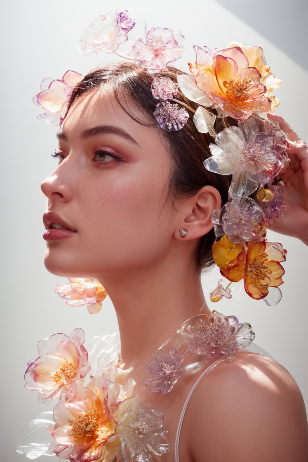 a side portrait of an attractive woman surrounded by flowers made of glass,  wearing a elegnat dress made of transparent g...