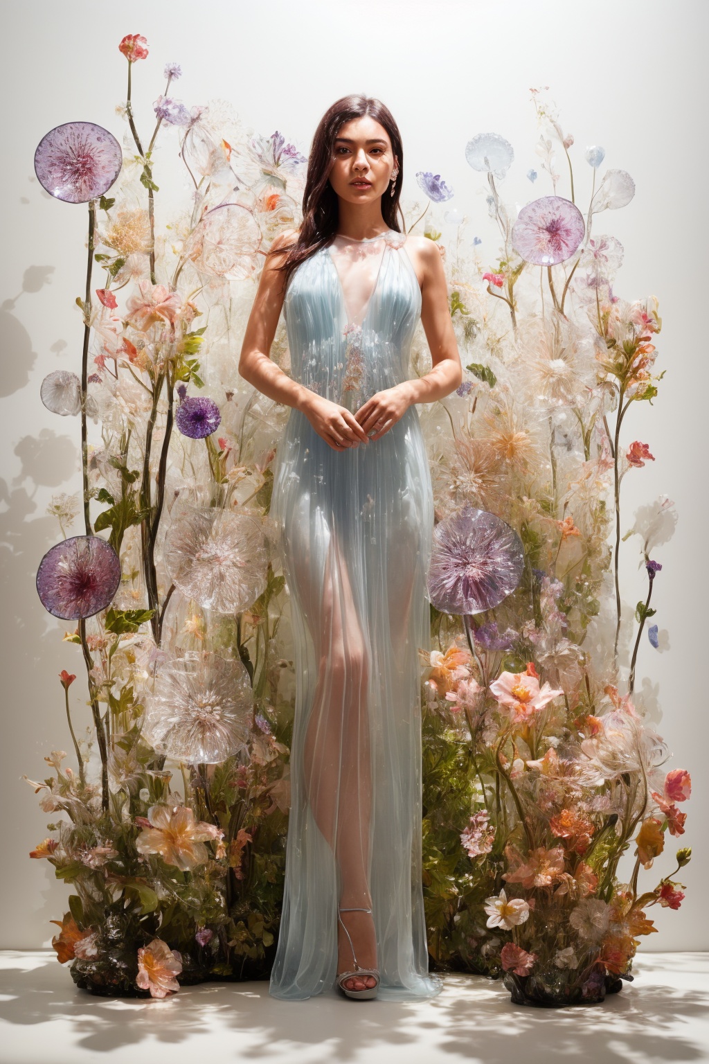 an attractive woman surrounded by flowers made of glass,  wearing a elegnat dress made of transparent glass flowers,  tran...