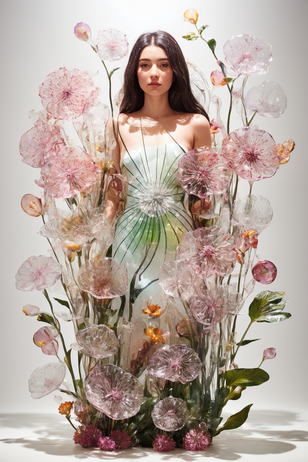 an attractive woman surrounded by flowers made of glass,  wearing a elegnat dress made of transparent glass flowers,  tran...