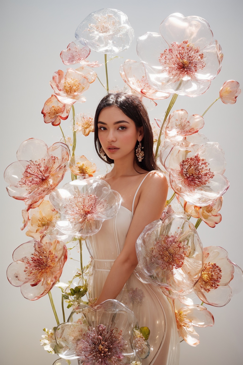 an attractive woman surrounded by flowers made of glass,  wearing a elegnat dress made of transparent glass flowers,  tran...