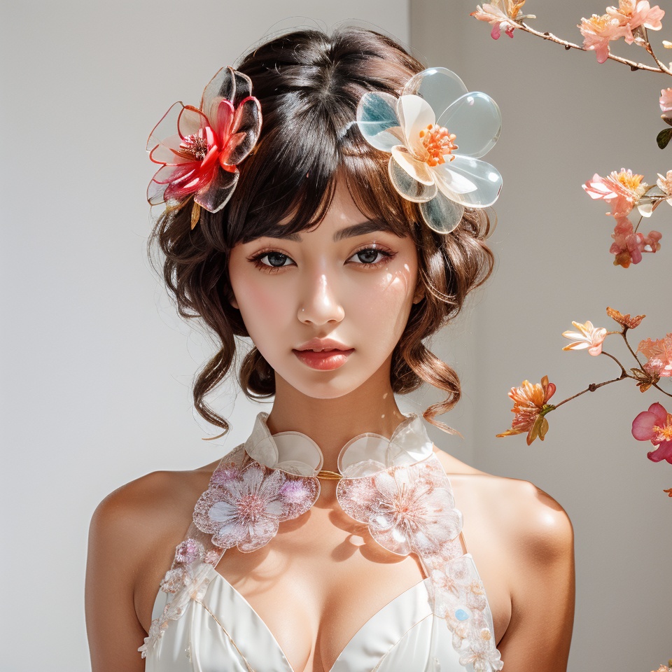 an attractive woman wearing a flower hair accessories made of glass,  glass flower,  transparent flower on Tensor.Art