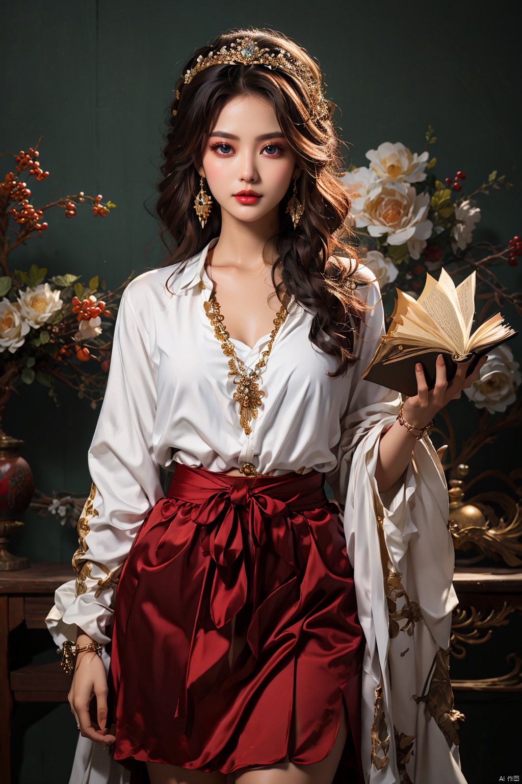 Girl, red skirt, white shawl, antique style earrings, golden puppets, holding ancient books, 8K, eyebrow stickers, RAW, best quality, masterpiece, super high resolution, best quality, beautiful cold light, contour light, hair light, focus eyes,
, mtianmei