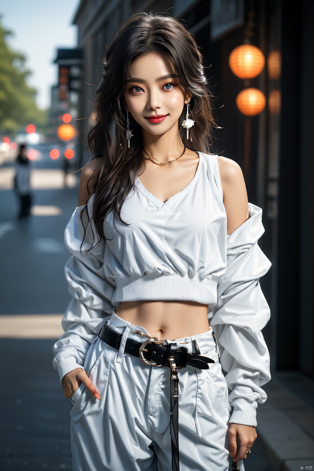  navel, jewelry, long hair, pants, looking at viewer, earrings, midriff, smile, 1girl, blurry, white pants, blurry background, arm behind head, blue eyes, crop top, cowboy shot, belt, solo focus, blush, arm up, long sleeves, white hair, shirt, bangs, closed mouth, breasts, depth of field, white jacket, jacket, solo, stomach, standing, white shirt, mtianmei
