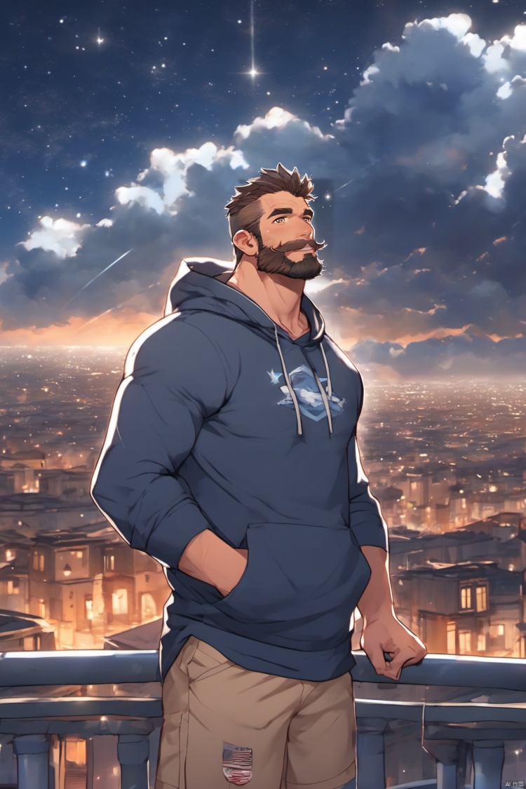 facial_hair, look up, low view, mature male, muscular man, male focus, best quality, (looking at viewer), solo, cloudy_sky, full_body, at_night, Looking up at the stars, looking at viewer, blue_hoodie,shorts,cloud,starlight,smile,architecture,star,huggymale, 