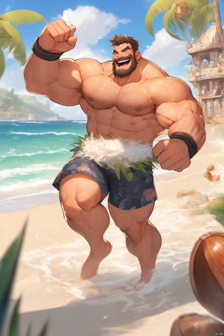 Best quality,  masterpiece,  ultra high res,  detailed background,  game_cg,  solo,  mature male,  muscular male,  bara,  thick thighs,  thick arms,  (dynamic pose:1.2),  topless,  full body,  full shot,  at the seaside,  on the beach,  waves,  sunshine,  smile,  shorts,  beach castle,  coconut tree,  huggymale,<lora:EMS-258244-EMS:0.800000>