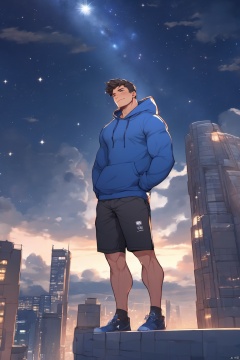look up,  low view,  mature male,  muscular man,  male focus,  best quality,  (looking at viewer),  solo,  cloudy_sky,  full_body,  at_night,  Looking up at the stars,  looking at viewer,  blue_hoodie, shorts, cloud, starlight, smile, architecture, star, huggymale,<lora:EMS-258244-EMS:0.500000>
