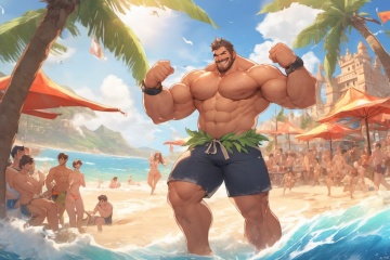 Best quality,  masterpiece,  ultra high res,  detailed background,  game_cg,  solo,  mature male,  muscular male,  bara,  thick thighs,  thick arms,  (dynamic pose:1.2),  topless,  full body,  full shot,  at the seaside,  on the beach,  waves,  sunshine,  smile,  shorts,  beach castle,  coconut tree,<lora:EMS-258244-EMS:0.700000>