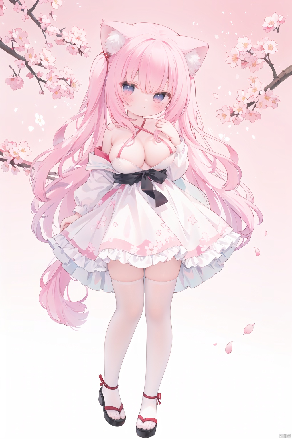  standing amidst a flurry of red cherry blossoms. The contrast between her white dress and the red flowers creates a striking visual effect. The lighting in the image is well-balanced, casting a warm glow on the girl and the surrounding flowers. The colors are vibrant and vivid, with the red cherry blossoms standing out against the white sky. The overall style of the image is dreamy and romantic, perfect for a piece of anime artwork. The quality of the image is excellent, with clear details and sharp focus. The girl's dress and the flowers are well-defined, and the background is evenly lit, without any harsh shadows or glare. From a technical standpoint, the image is well-composed, with the girl standing in the center of the frame, surrounded by the blossoms. The use of negative space in the background helps to draw the viewer's attention to the girl and the flowers. The cherry blossoms, often associated with transience and beauty, further reinforce this theme. The girl, lost in her thoughts, seems to be contemplating the fleeting nature of beauty and the passage of time. Overall, this is an impressive image that showcases the photographer's skill in capturing the essence of a scene, as well as their ability to create a compelling narrative through their art.cat ears,(loli, child, little girl, 3-years-old:1.3), (huge breasts:1.5),cleavage, bare shoulders, off shoulder, Japanese clothes,long hair,full body,