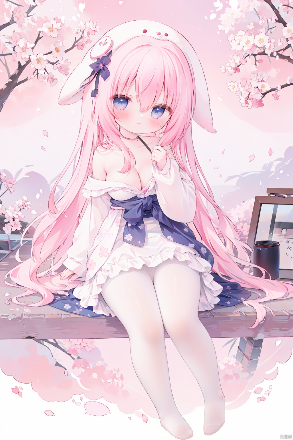 asterpiece, best quality, highly detailed, illustration, beautiful detailed girl, 1girl,((solo)),(collarbone, large breasts, loli, full body:1.05), (pink hair, very long hair,blue eyes:1.1),cherry blossoms,petals,falling petals, hood, full body, floral print, hair ribbon , hood,hair between eyes, knot headpiece,spring \(season\),wind, hair tucking, head tilt, surrounded_by_floating_petals, (white pantyhose:1.3),betterfly, masterpiece, best quality,thigh strap,cleavage, bare shoulders, off shoulder, happy expression, Japanese clothes ,no shoes, (sitting in tree:1.3),