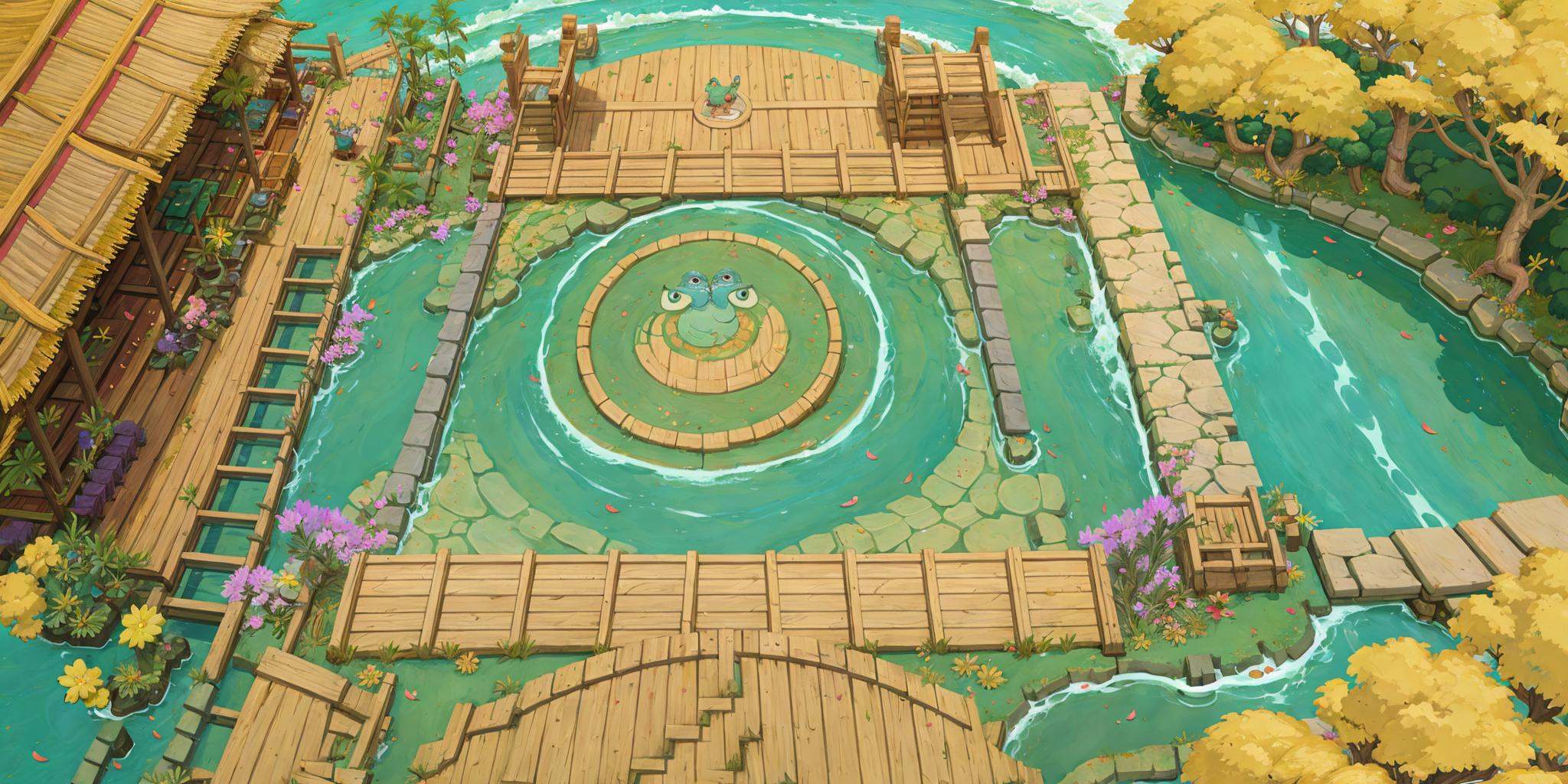 Best quality,HD,4k,HEZI,Teamfight Tactics,Euro-american games,board design,water,fish,lily pad,bridge,scenery,outdoors,flower,fire,fence,no humans,plant,tree,boat,watercraft,fishing rod,fantasy,stairs,creature,rock,river,monster,pond,day,weapon,railing,open mouth,building,multiple girls,barrel,dragon,swimming,animal,bird,house,from above,flying,grass,sign,yellow eyes,tongue,pier,bug,petals,looking at another,mushroom,fishing,polearm,lantern,torch,frog,green eyes,1girl,food,treasure chest,horns,turtle,explosive,holding fishing rod,flame,smile,pool,ladder,stone,multiple boys,vines,holding,purple flower,blue eyes,2girls,bush,waterfall,hat,door,tongue out,spear,leaf,umbrella,wood,reflection,molten rock,fruit,gun,dock,closed eyes,sword,gameplay mechanics,<lora:20240104-1704357350726-0010:0.6>,