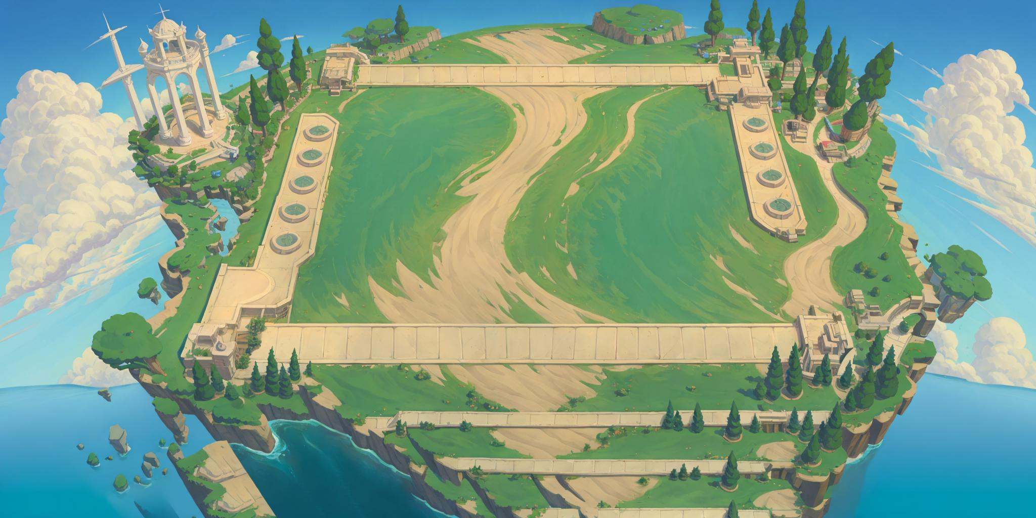 Best quality,HD,4k,HEZI, Teamfight Tactics, Euro-american games, board design, outdoors, scenery, no humans, tree, day, cloud, floating island, sky, water, grass, mountain, house, blue sky, stairs, building, fantasy, cliff, path, landscape, tower, from above, castle, nature, road, door, bush, bridge, cloudy sky, river, rock, chimney, forest, lake, ruins, waterfall, pillar, windmill, island, glowing, arch, ocean, fence, field, electricity, gate, molten rock, moss, hill, horizon, reflection, statue, town, architecture, floating, pine tree, solo,<lora:盒子系列——云顶之弈棋﷿设计:0.6>,