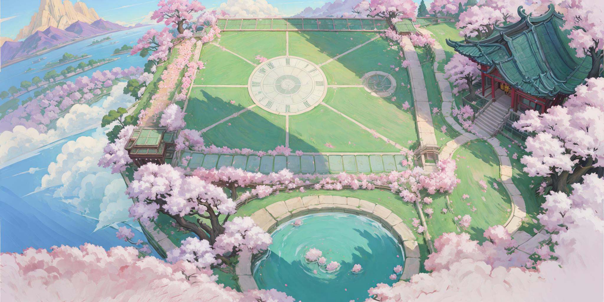 Best quality,HD,4k,HEZI, Teamfight Tactics, Euro-american games, board design, scenery, outdoors, no humans, tree, water, flower, mountain, day, cherry blossoms, grass, pink flower, bridge, sky, cloud, reflection, architecture, from above, landscape, plant, lake, blue sky, building, fantasy, river, ripples, reflective water, fog, boat, watercraft, lily pad, east asian architecture, tower, solo, nature, pond, branch, floating island, petals, lotus, stairs, lantern, 1girl, moss, rock, purple flower, house, hill, road, pillar, black hair, clock, bush, mountainous horizon, brown hair, island, vines, dutch angle<lora:盒子系列——云顶之弈棋﷿设计:0.6>,