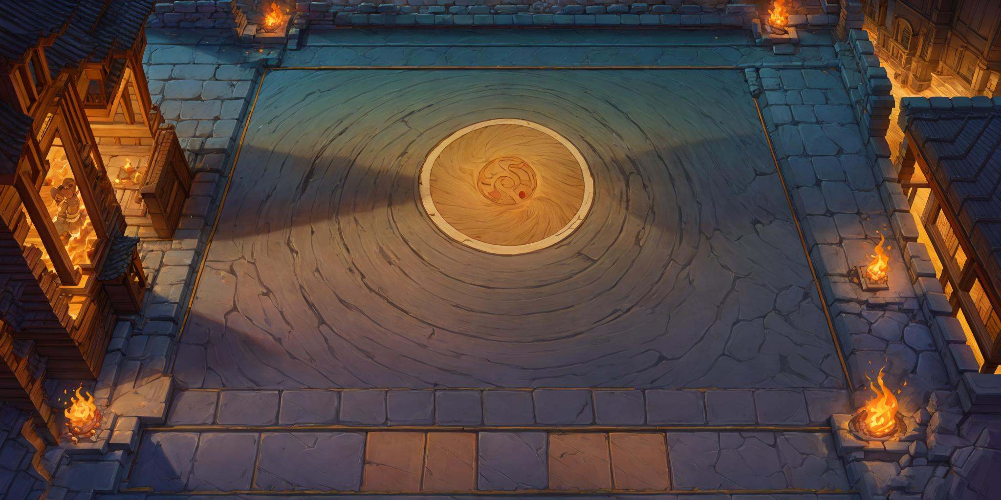 Best quality,HD,4k,HEZI, Teamfight Tactics, Euro-american games, board design, stairs, lantern, from above, molten rock, scenery, horns, fire, weapon, blonde hair, water, torch, night, stone floor, sword, bridge, sitting, barrel, cave, multiple boys, no humans, multiple girls, holding, fantasy, 1boy, hat, outdoors, 1girl, hood, red hair, glowing, 2boys, standing, lying, rock, monster, shield, short hair, battle, 2girls, single horn, long hair, rooftop, pillar, food, creature, indoors, staff, horned helmet, brown hair, helmet, light, club \(weapon\), wooden floor, cat, sleeping, wood, railing, campfire, male focus, axe, solo, flame, tail, looking at another, holding weapon,<lora:盒子系列——云顶之弈棋﷿设计:0.6>,