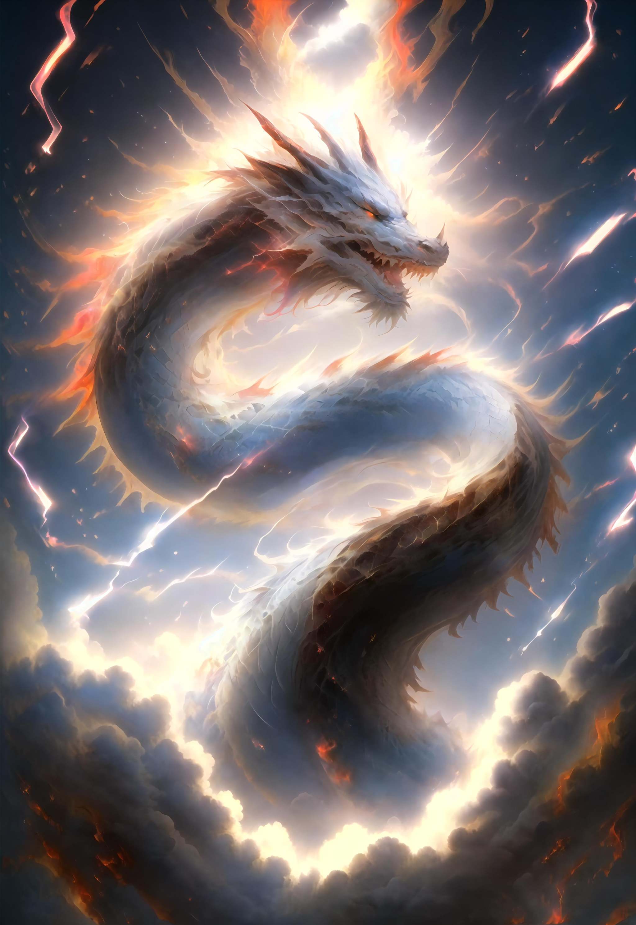 guchen,eastern dragon,no humans,sparkle,colorful,electricity,dark colored,fire,from side,obscurely,<lora:guchen-yishoulv-V1.0:0.8>,