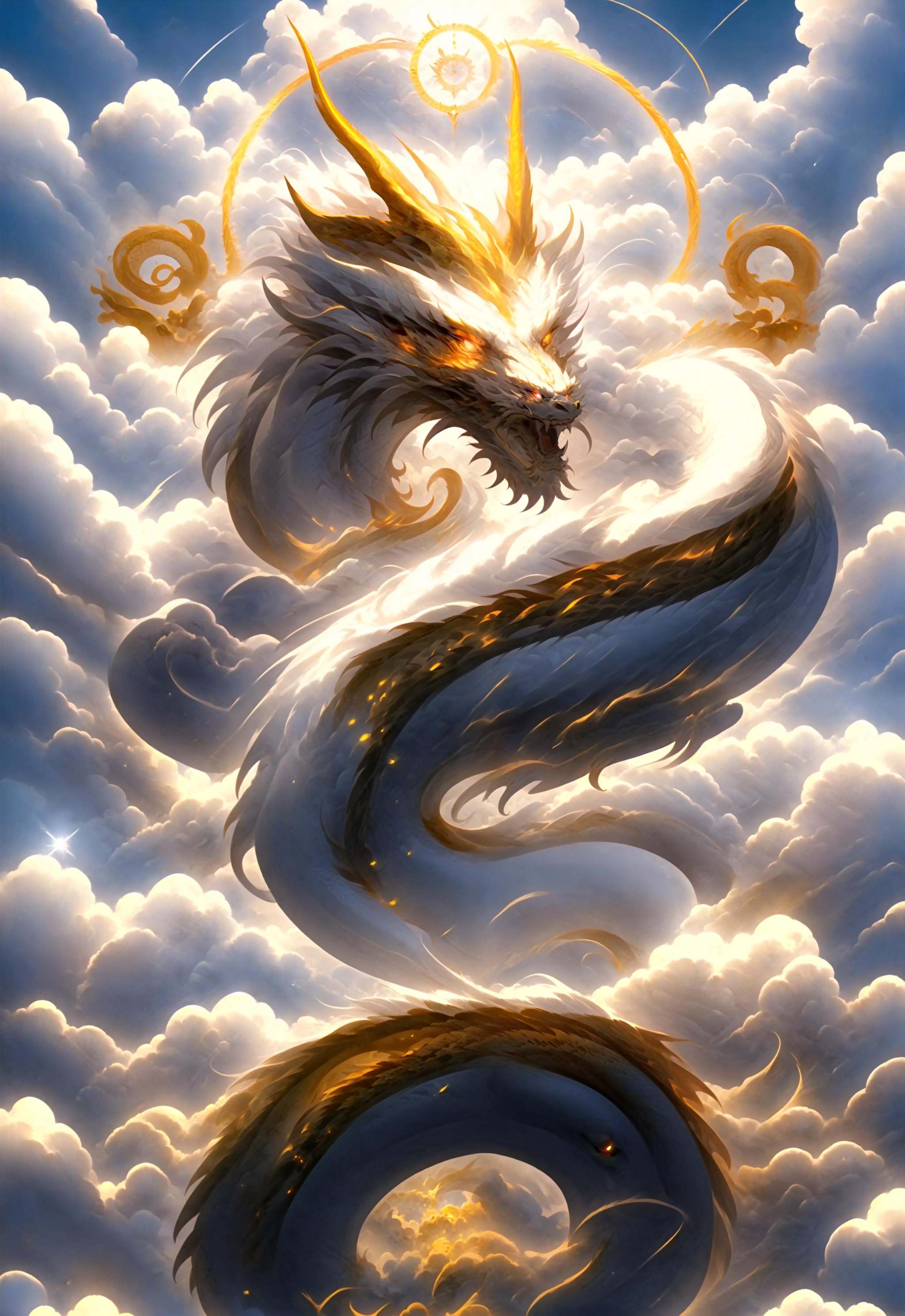 guchen,cloud,no humans,eastern dragon,sparkle,halo,colorful,gold color,glowing eyes,<lora:yishoulv-000012:0.8>,