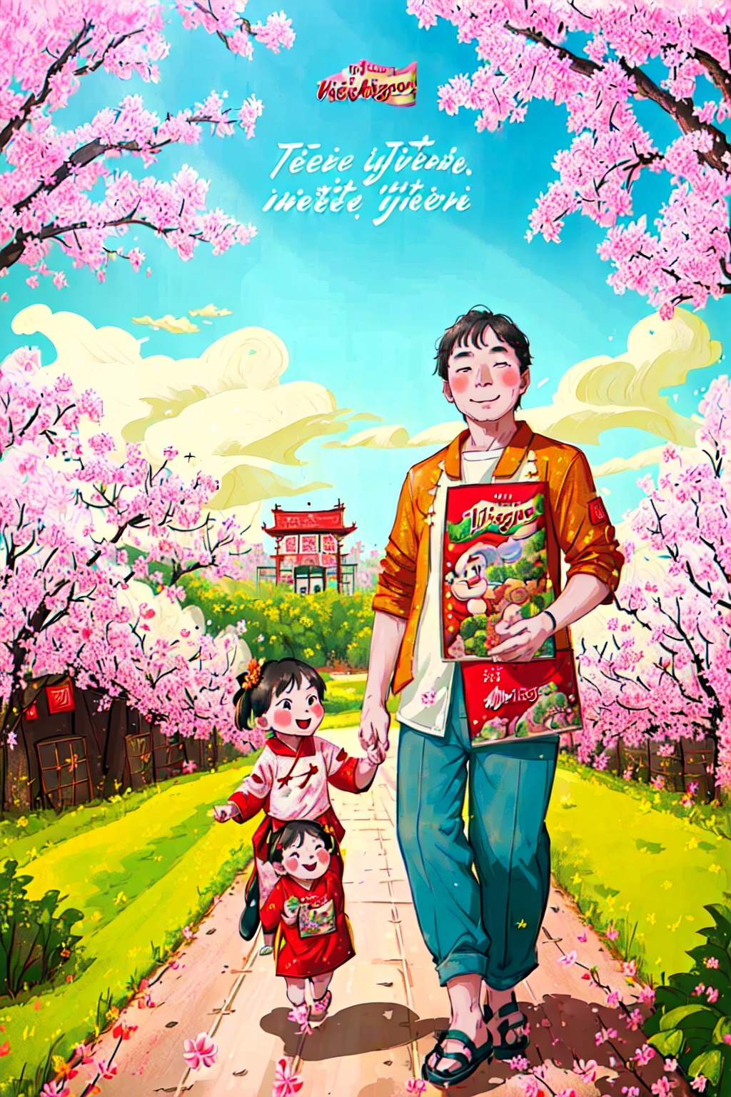 a Vietnamese father and his small daughter are going to the park for new year festival,  happy,  smile on Tensor.Art
