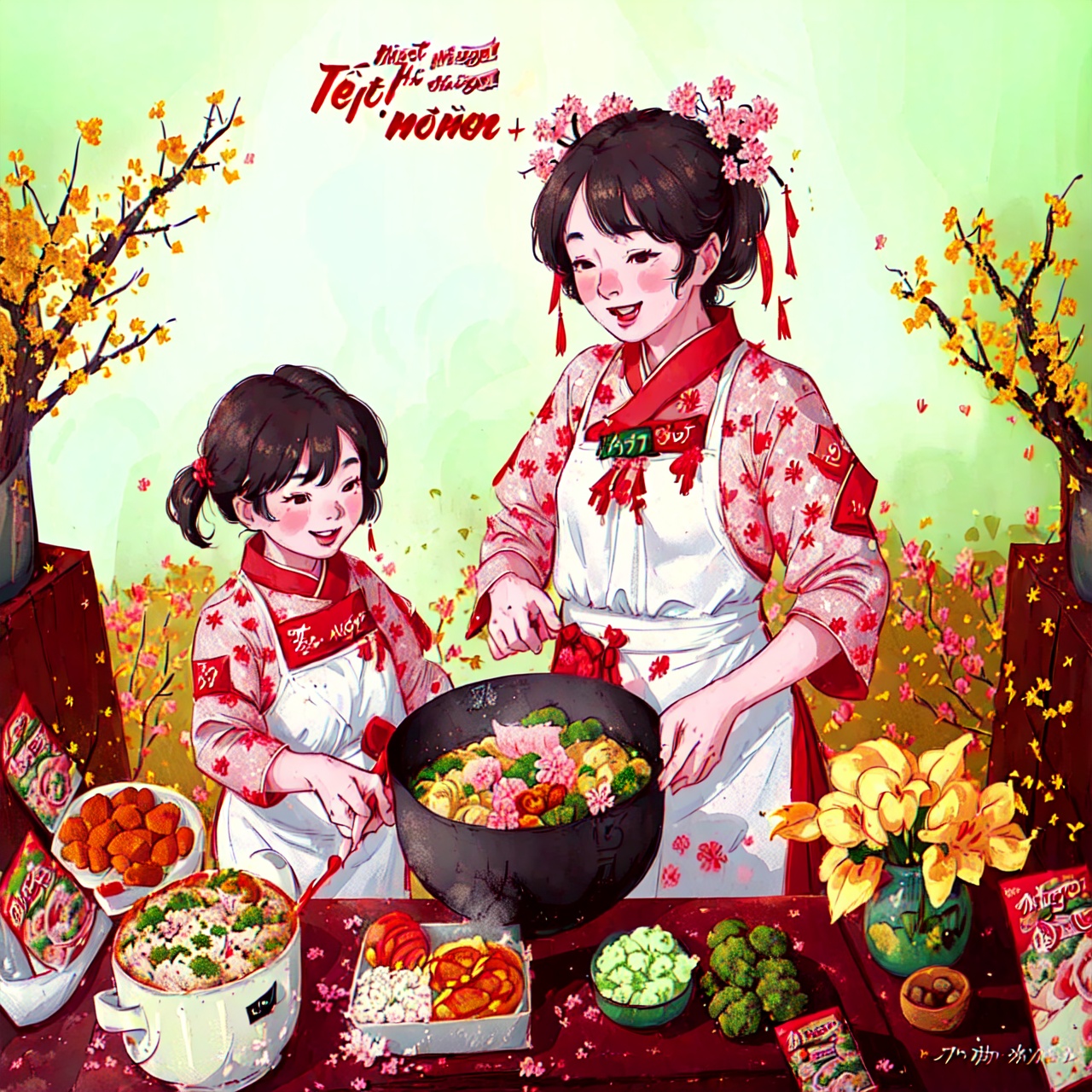 Tet Viet,  a family is preparing for the first meal of new year,  happy on Tensor.Art