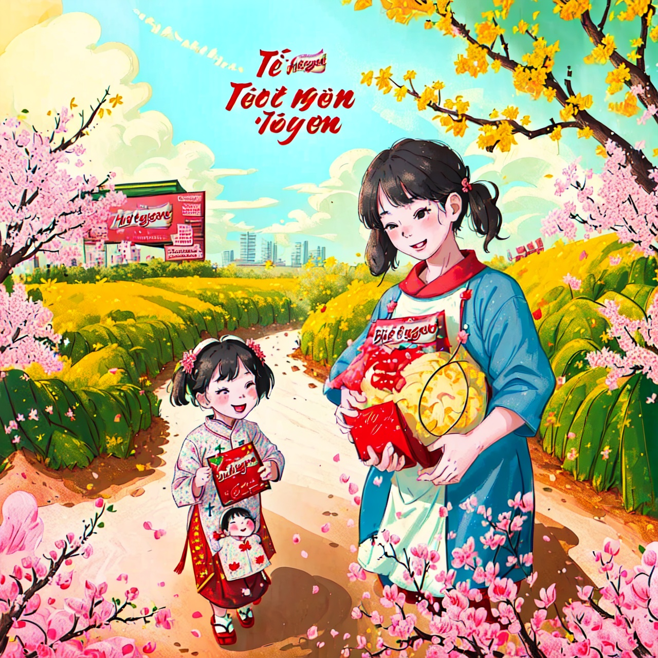 a Vietnamese father and his small daughter are going to the park for new year festival,  happy,  smile on Tensor.Art