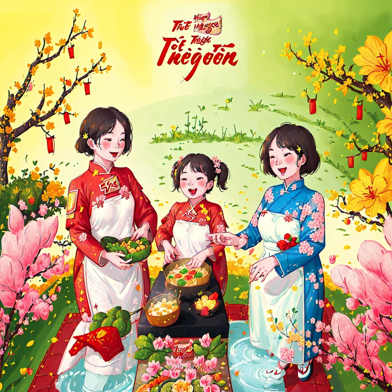 Tet Viet,  a Vietnamese family is preparing for the first meal of new year,  happy on Tensor.Art