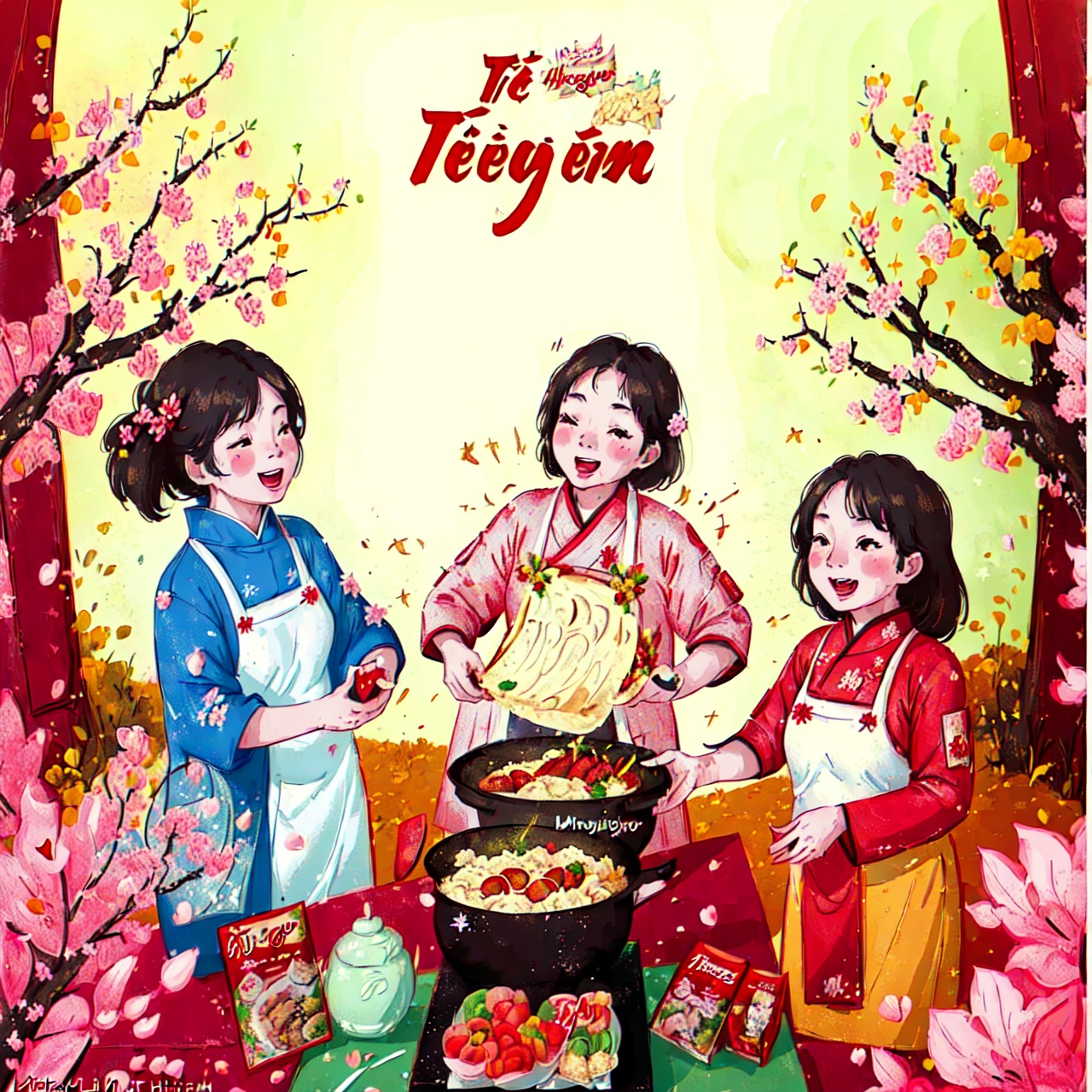 Tet Viet,  a family is preparing for the first meal of new year,  happy on Tensor.Art