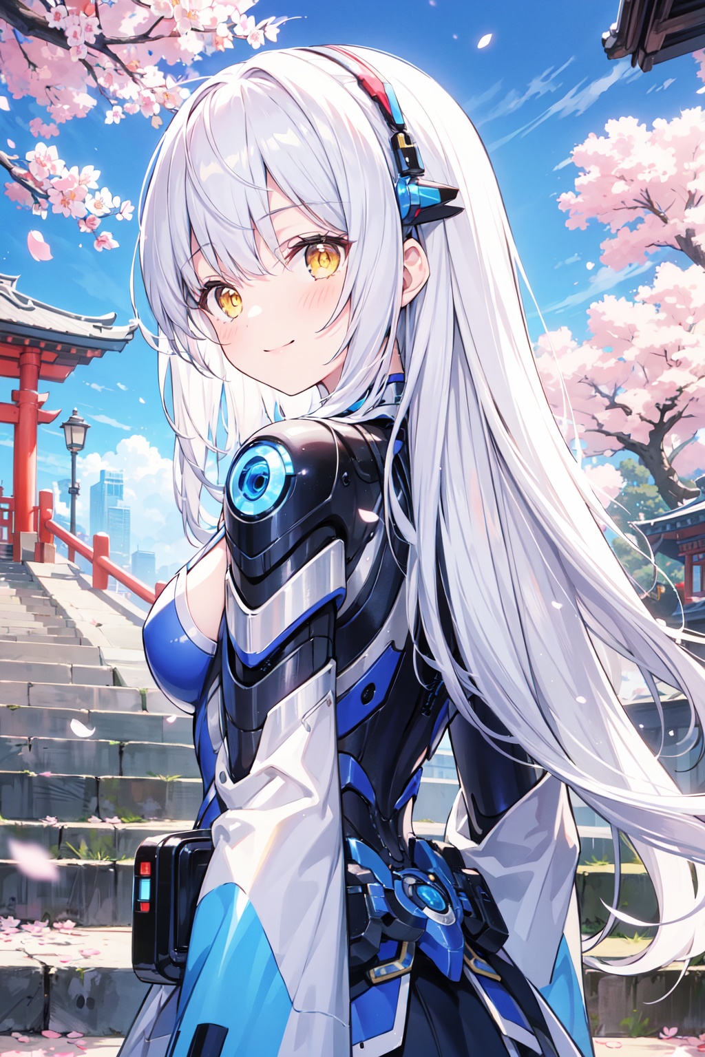 masterpiece,best quality,1girl,yellow eyes,Beautiful face,delicate eyes,smile,long hair,white hair,tree,stairs,standing,sky,cherry blossoms,temple,looking at viewer,upper body,from below,looking back,((Mecha)),young girl,Cyberpunk,CyberMechaGirl,