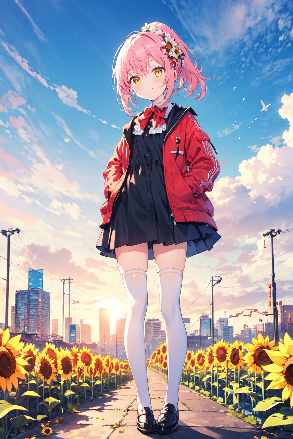 (best quality),((masterpiece)),(highres),standing,(full body),(black thighhighs),original,extremely detailed wallpaper,(an extremely delicate and beautiful),(loli:1.2),(petite:1.2),Pink hair,Yellow eyes,(red Jacket),high ponytail,white collared shirt,hair flower,fipped hair,floating hair,Frown,hands in pockets,black dress,red bowtie,(solo),sky,skyline,skyscraper,smile,solo,sunflower,tower,upper_body,white flower,