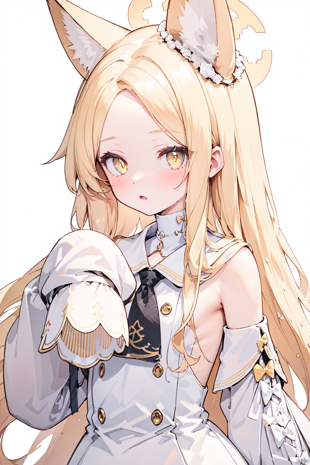  1girl,flat chest,(((white background))), seia, ,(yellow eyes),,fox tail,blond_hair,sleeves past fingers,aged_down,standing,upper_body, ( figma:0.8),bird