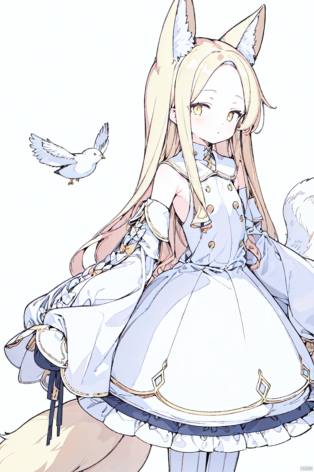  1girl,flat chest,(((white background))), seia, ,(yellow eyes),,fox tail,blond_hair,sleeves past fingers,aged_down,standing,upper_body, white bird, 