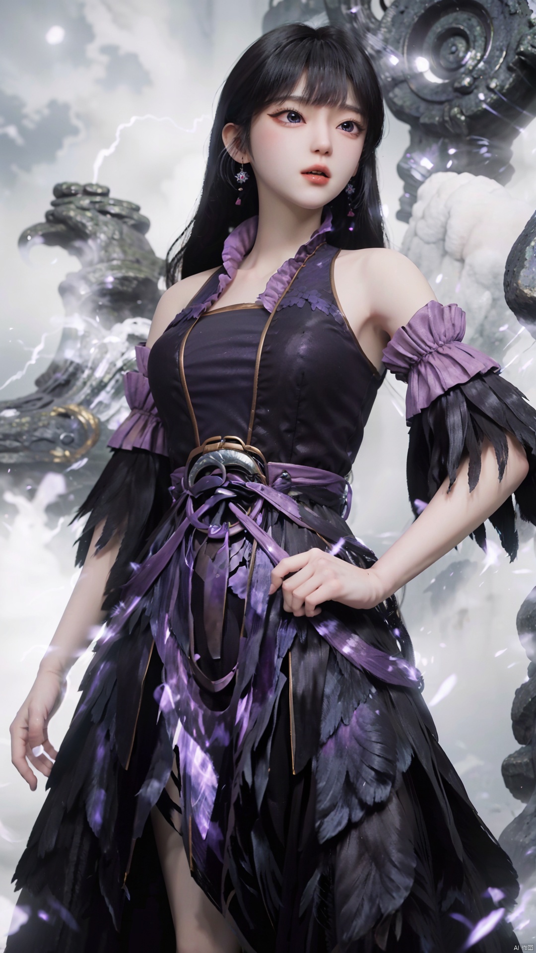  masterpiece,best quality,1girl, black hair, solo, dress, jewelry, earrings, long hair, bare shoulders, bangs, purple dress, cowboy shot, dynamic pose, dynamic angle,