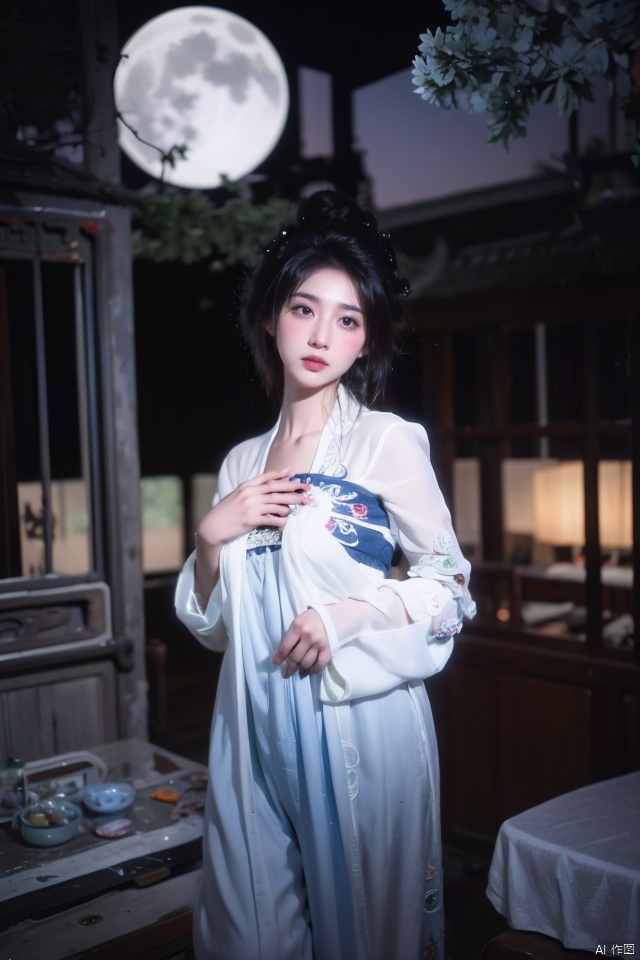 masterpiece, best quality, ultra high res; busty, seductive beauty in black stockings and alluring traditional Chinese qipao, intricate embroidery, figure-hugging design; ancient courtyard garden setting, lanterns hanging, moonlit night, serene oriental atmosphere; capturing a fusion of modern allure and historical elegance; employing low-angle shot, emphasizing curves, dramatic contrast with soft backlighting, composition inspired by classical Chinese painting aesthetics.