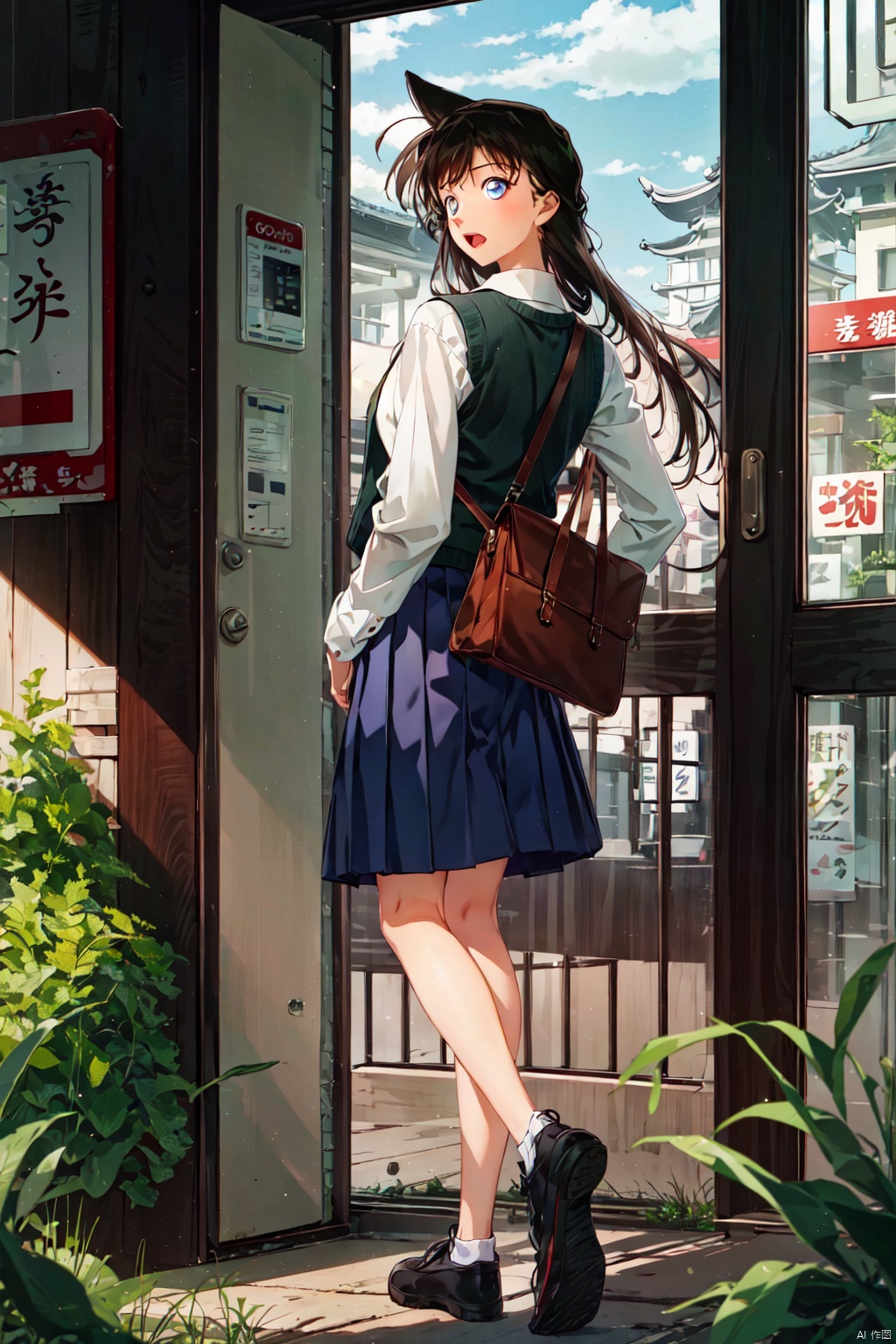 conan,1girl,solo,skirt,long hair,bag,blue eyes,brown hair,sweater vest,shirt,open mouth,pleated skirt,vest,long sleeves,looking at viewer,black hairsleeveless dress, bangs, formal, conan, HTTP,褰╄壊澶栧,澶栧, colors, backlight
