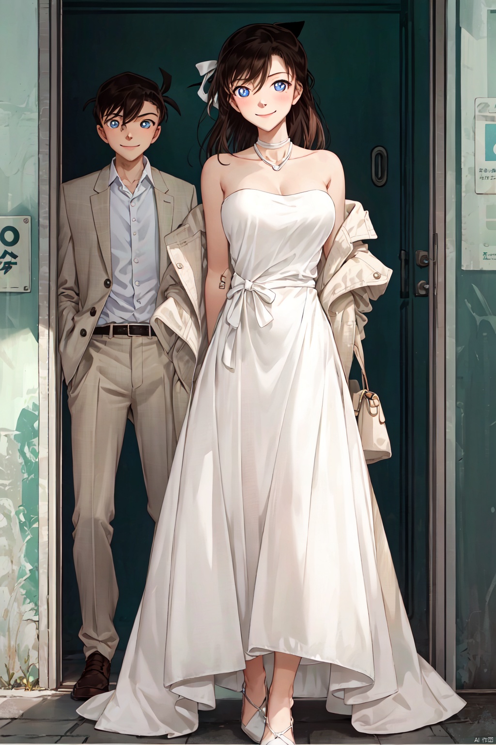 conan,1boy,1girl,soulmate, brown hair, long hair, 1boy, breasts, blue eyes, white jacket, cleavage, smile, collarbone, looking at viewer,(The boys are taller than the girls),hair between eyes, jacket, medium breasts, bowtie, hand on another's shoulder, shirt, dress, bow, very long hair, white shirt, closed mouth, hetero, strapless, white bow,red dress, long sleeves, sleeveless, strapless dress, upper body, sleeveless dress, bangs, formal, conan, HTTP,褰╄壊澶栧