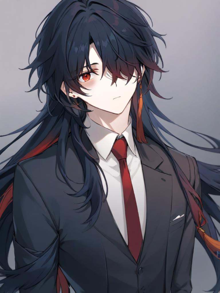 <lora:ren:1>,1boy,long_hair,hair_over_one_eye,red_hair,jewelry,earrings,black_hair,multicolored_hair,tassel,red_eyes,(suit:1.2),(necktie:1.2),half updo,