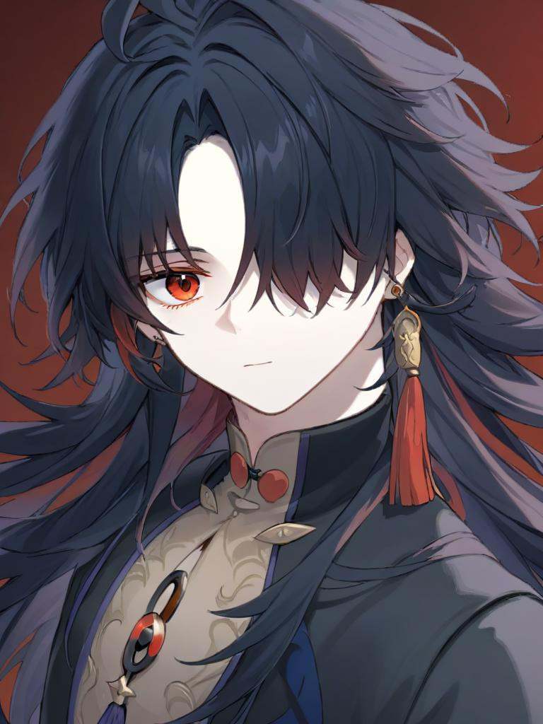<lora:ren:1>,1boy,long_hair,hair_over_one_eye,red_hair,jewelry,earrings,black_hair,multicolored_hair,tassel,red_eyes,