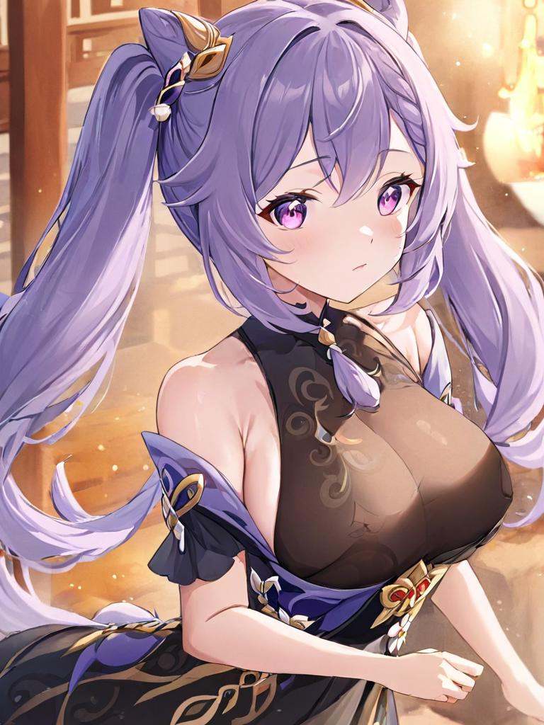 Purple eyes,purple hair,<lora:keqing3x_xl:1>,lifu,1girl,breasts,keqing (genshin impact),purple hair,twintails,hair ornament，cone hair bun,hair bun,black dress,lifu,