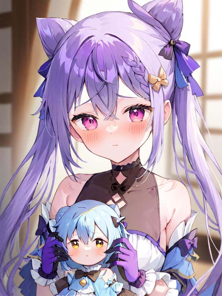 (\ke qing\), 1girl, gloves, solo, blush, character doll, looking at viewer, hair bun, hair ornament, long hair, bare shoulders, braid, holding, black gloves, bangs, upper body, indoors, purple gloves, detached sleeves, breasts, hair bow, holding doll, bow, doll, frills, closed mouth, dress, double bun, hair between eyes, window, medium breasts, blurry, frilled sleeves, blurry background, choker, v-shaped eyebrows,<lora:keqingx2_xl:1>,