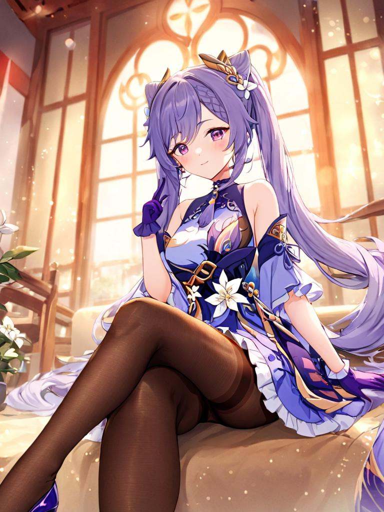 Purple eyes,purple hair,<lora:keqing3x_xl:1>,guanfu, 1girl, solo, gloves, crossed legs, pantyhose, long hair, twintails, keqing (genshin impact), sitting, hair bun, hair ornament, looking at viewer, purple gloves, bare shoulders, cone hair bun, detached sleeves, bangs, purple footwear, dress, very long hair, earrings, frills, breasts, indoors, black pantyhose, blush, jewelry, braid, brown pantyhose, choker, hand up, flower, smile, closed mouth, hair bow, finger to mouth, medium breasts, window, skirt, day, wide sleeves, frilled skirt, white flower, sleeveless, blurry, high heels, index finger raised, bow, double bun, sparkle, hair between eyes, blurry background, frilled dress