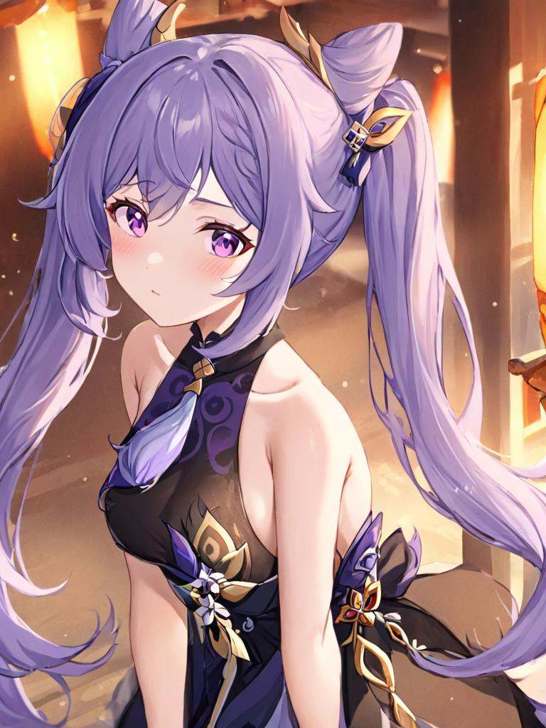 Purple eyes,purple hair,<lora:keqing3x_xl:1>,lifu,1girl,breasts,keqing (genshin impact) ，purple hair ，twintails， hair ornament ，bare shoulders ，cone hair bun ，dress ，hair bun ，black dress ，lifudress ，