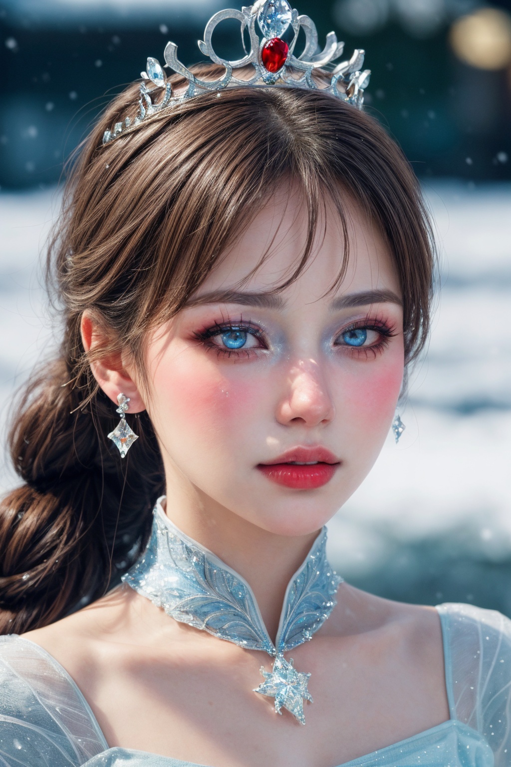 masterpiece,best quality,realistic,highres,Highly detailed,blurry background,1girl,((portrait)),close-up,braided ponytail,bangs,crystal earrings,((crown)),crystal crown,blue dress,corset,blue_bow,collar,<lora:add_more_details:0.5>,elsa \(frozen\) \(cosplay\),icetiina,frozen \(disney\),winter,snow,snowing,<lora:雪地精灵1.0_v2:0.8>,