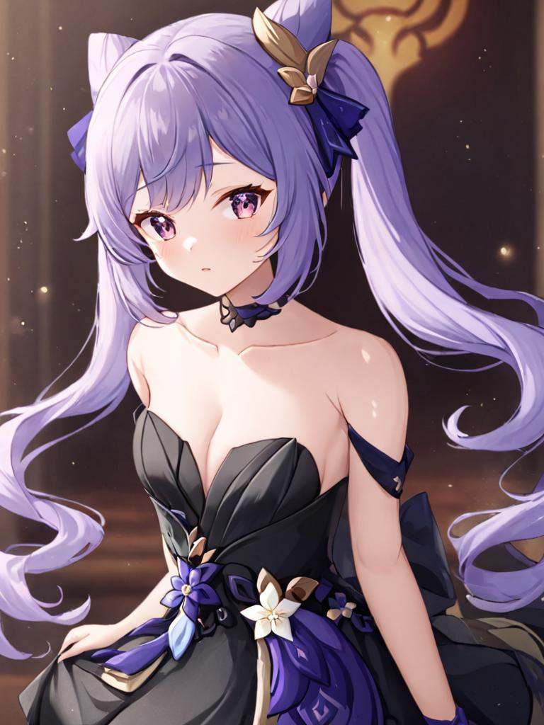 <lora:keqing3:1>,keqing (genshin impact),purple hair,twintails,hair ornament,bare shoulders,cone hair bun,hair bun,lifu,official alternate costume, black dress,strapless dress,