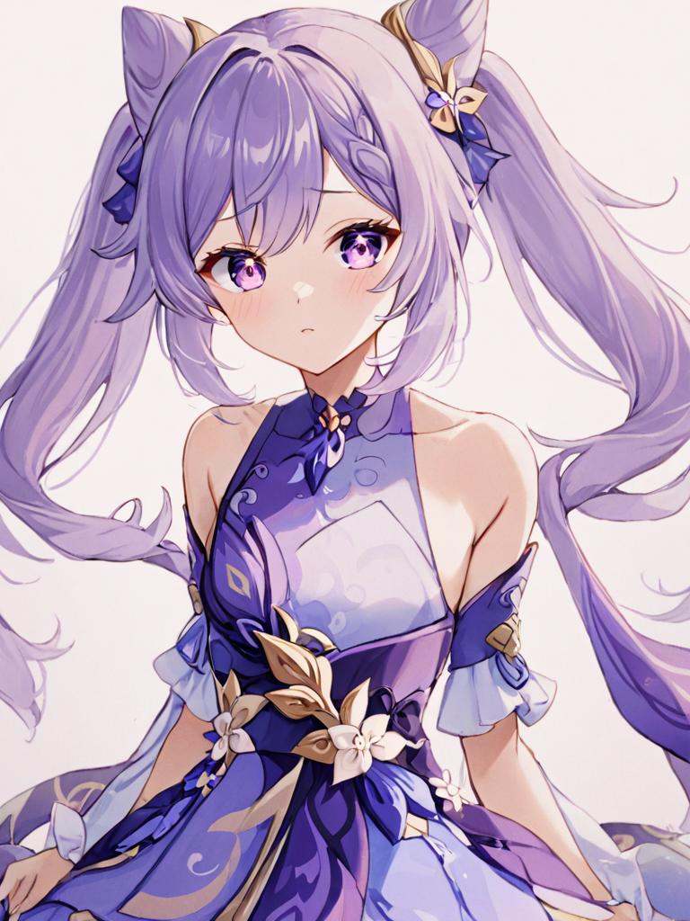 keqing (genshin impact),purple eyes,purple hair,twintails,hair ornament,bare shoulders,dress,hair bun,detached sleeves,<lora:keqing3:1>,