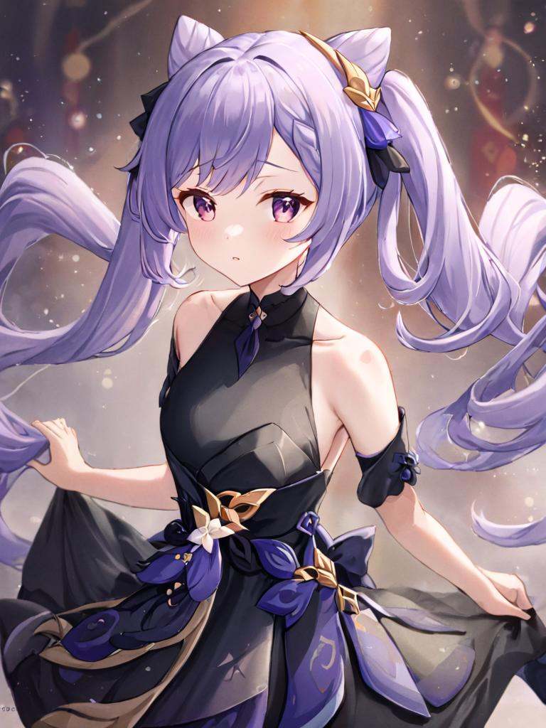<lora:keqing3:1>,keqing (genshin impact),purple hair,twintails,hair ornament,bare shoulders,cone hair bun,hair bun,lifu,black dress,