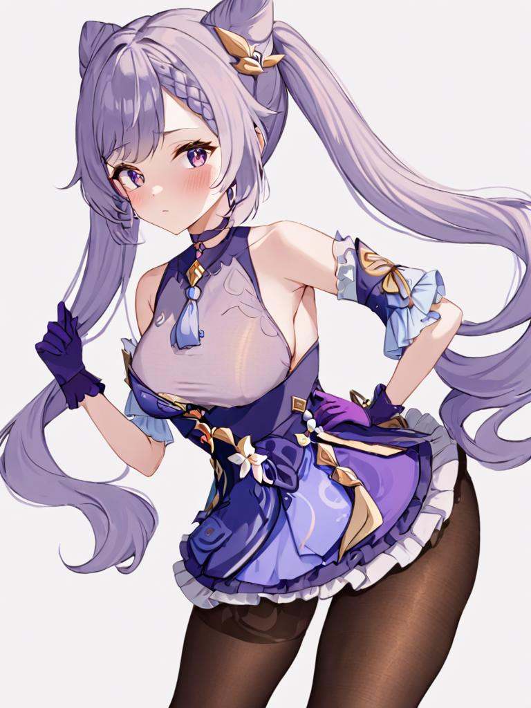 <lora:keqing3:1>,guanfu, 1girl, keqing (genshin impact), solo, gloves, twintails, purple hair, hair bun, pantyhose, looking at viewer, hair ornament, long hair, white background, cone hair bun, breasts, simple background, purple eyes, bare shoulders, detached sleeves, neck tassel, jewelry, skirt, dress, earrings, bangs, braid, blush, frills, cowboy shot, black pantyhose, brown pantyhose, frilled skirt, choker, closed mouth, double bun, purple gloves, medium breasts, hand on hip