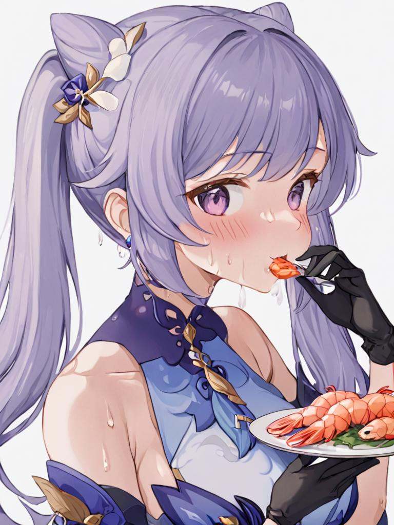 <lora:keqing3:1>,guanfu, 1girl, keqing (genshin impact), solo, purple hair, hair ornament, gloves, hair bun, food, eating, twintails, plate, looking at viewer, blush, long hair, earrings, holding, bare shoulders, detached sleeves, white background, purple eyes, jewelry, cone hair bun, flower, dress, shrimp, simple background, from side, bangs, upper body, sweat, breasts, black gloves, sweatdrop, holding plate